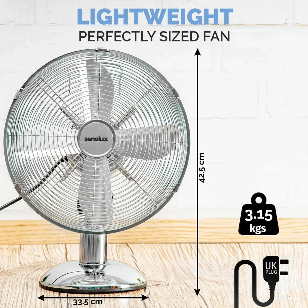 Senelux 12 inch Chrome Desk Fan; Great for Home Cooling and Comfort in Bedrooms, Living Rooms and Offices-3