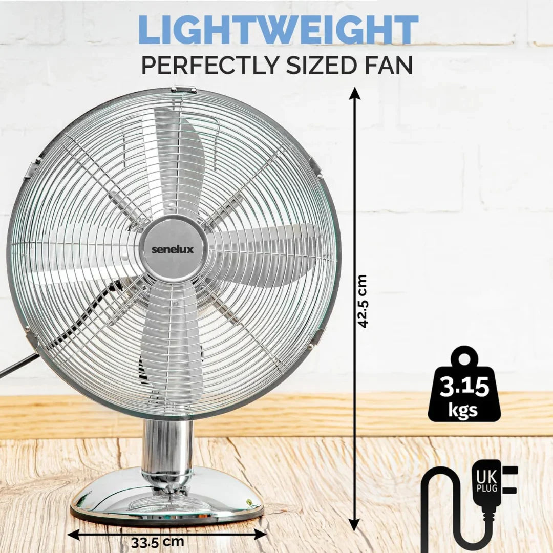 Senelux 12 inch Chrome Desk Fan; Great for Home Cooling and Comfort in Bedrooms, Living Rooms and Offices-3