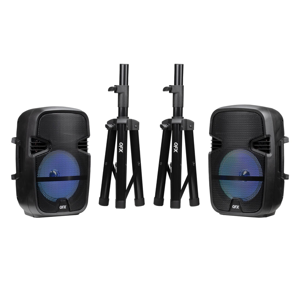 PBX-808TWS Dual 8-Inch Portable Bluetooth PA Speaker System with Stands, Wired Mics, Remotes, USB/FM/TWS/LED