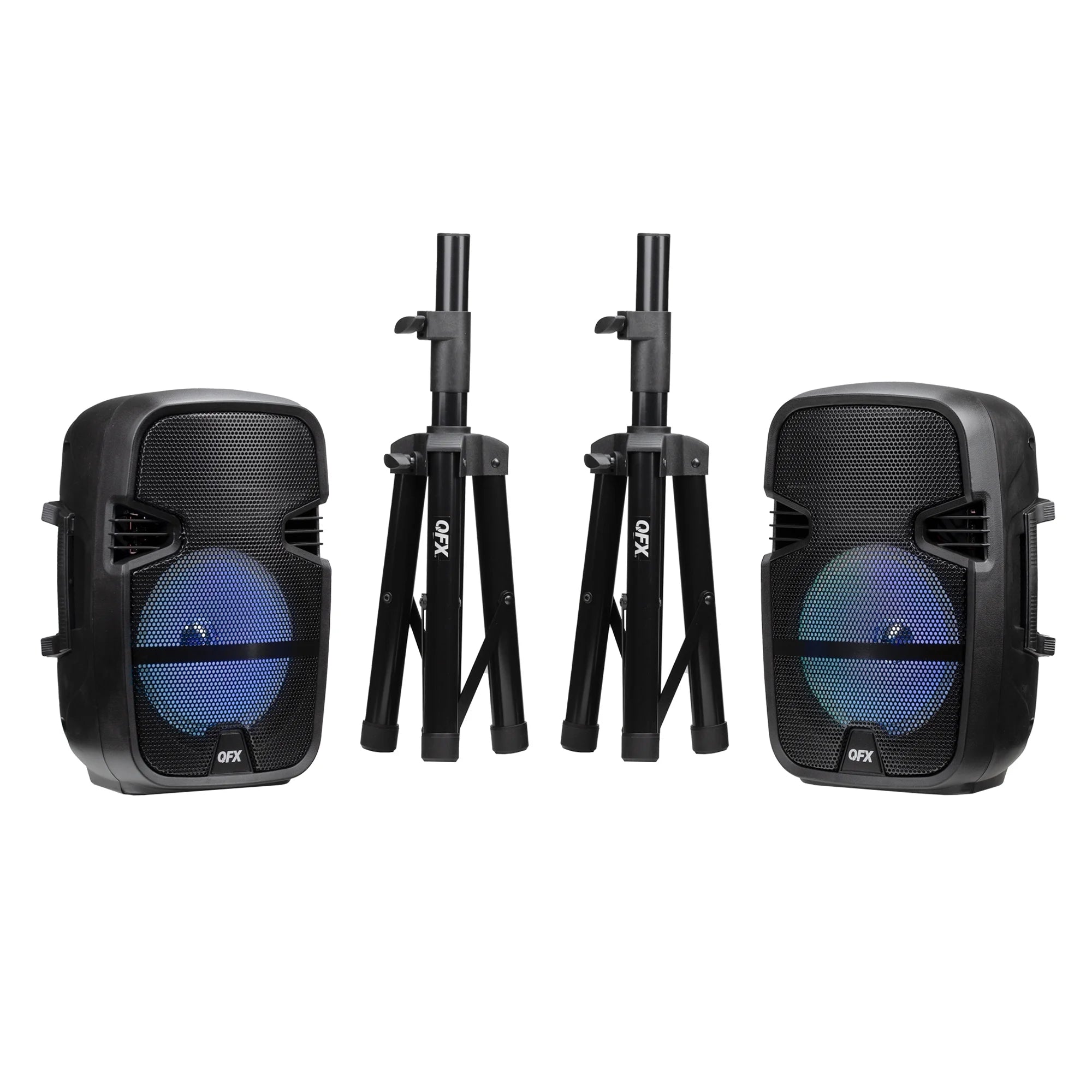 PBX-808TWS Dual 8-Inch Portable Bluetooth PA Speaker System with Stands, Wired Mics, Remotes, USB/FM/TWS/LED