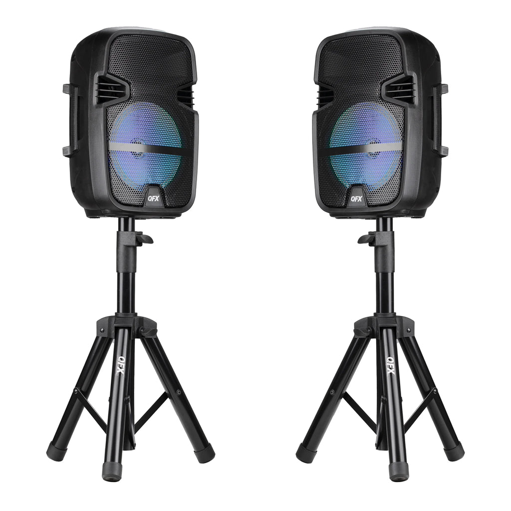 PBX-808TWS Dual 8-Inch Portable Bluetooth PA Speaker System with Stands, Wired Mics, Remotes, USB/FM/TWS/LED
