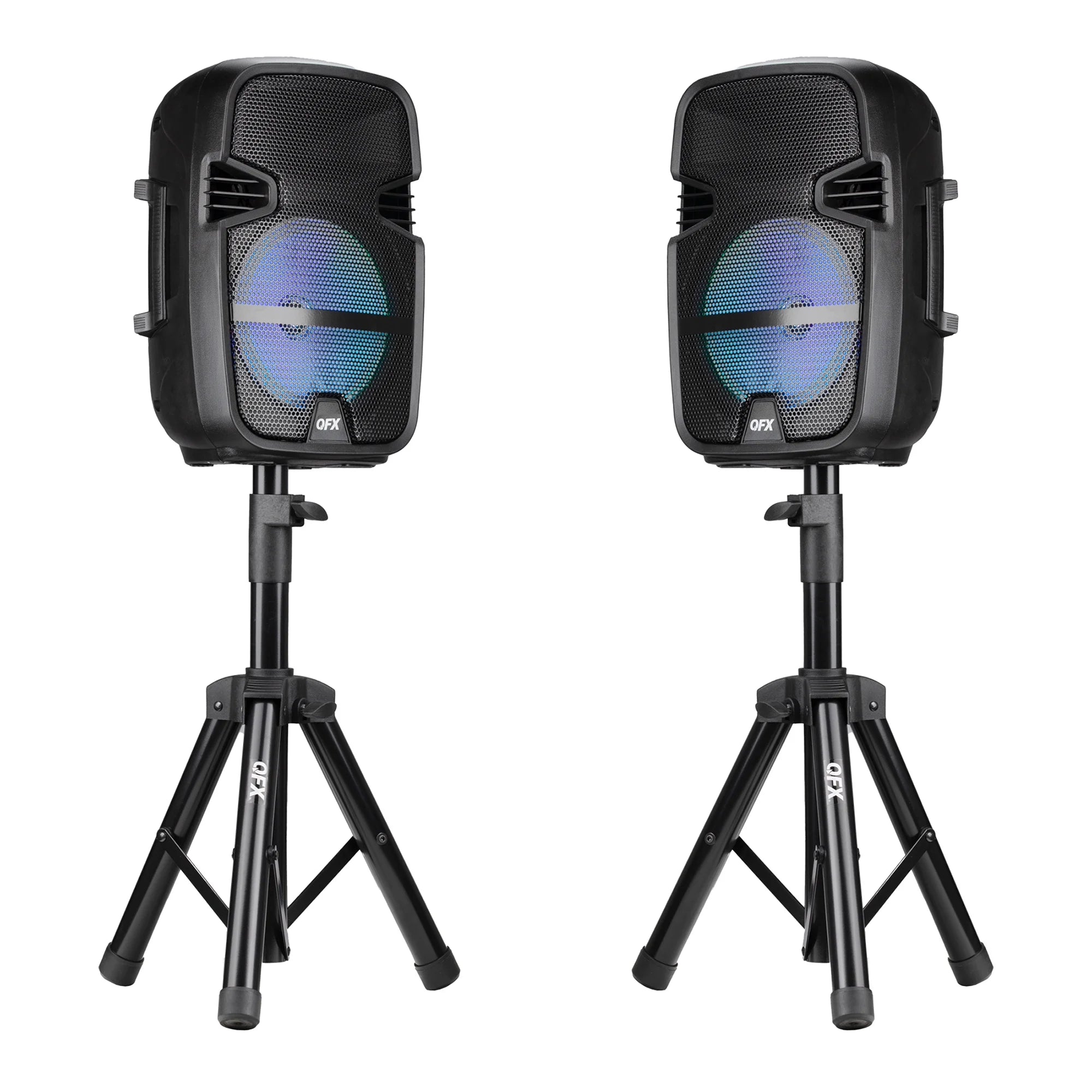PBX-808TWS Dual 8-Inch Portable Bluetooth PA Speaker System with Stands, Wired Mics, Remotes, USB/FM/TWS/LED