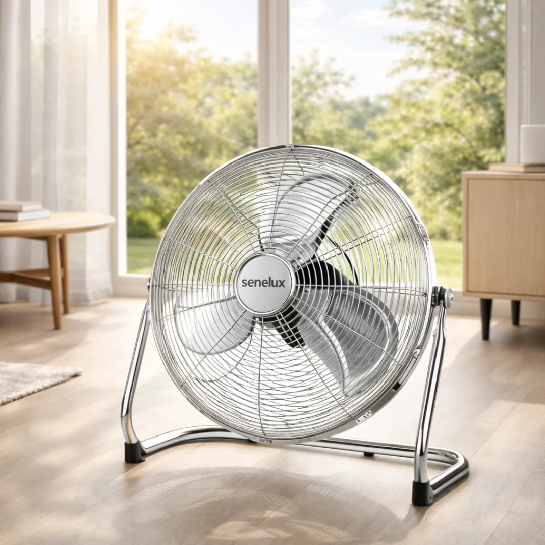 Chrome Floor Fan for Homes, Gyms, Bedrooms & Kitchens | with 3 Fan Speeds and Adjustable Tilt-2