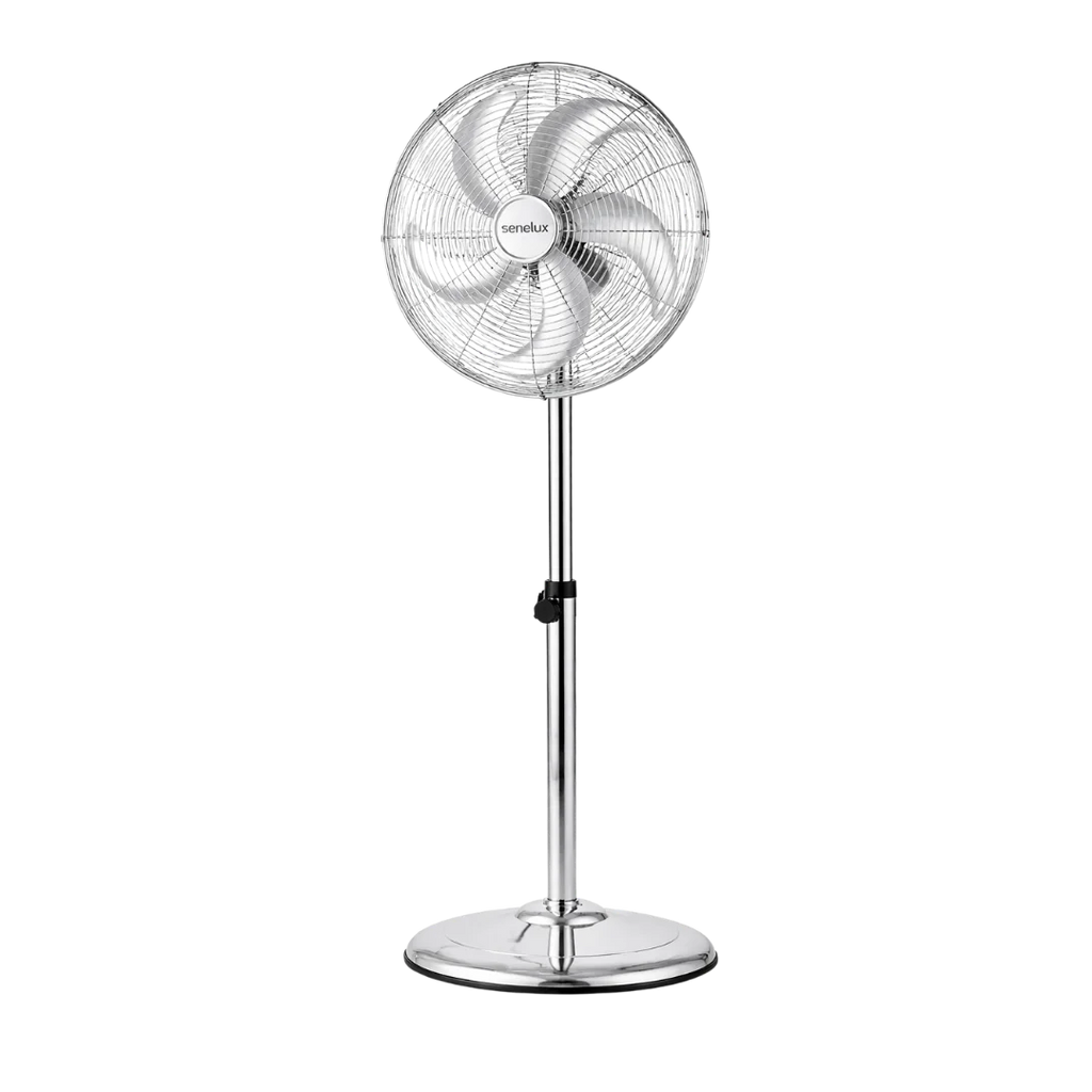 Senelux 16 Inch Metal Pedestal Floor Fan, Chrome Standing Fan with 5 Blades, Oscillating Function, 3 Speed Settings, Adjustable Height-0