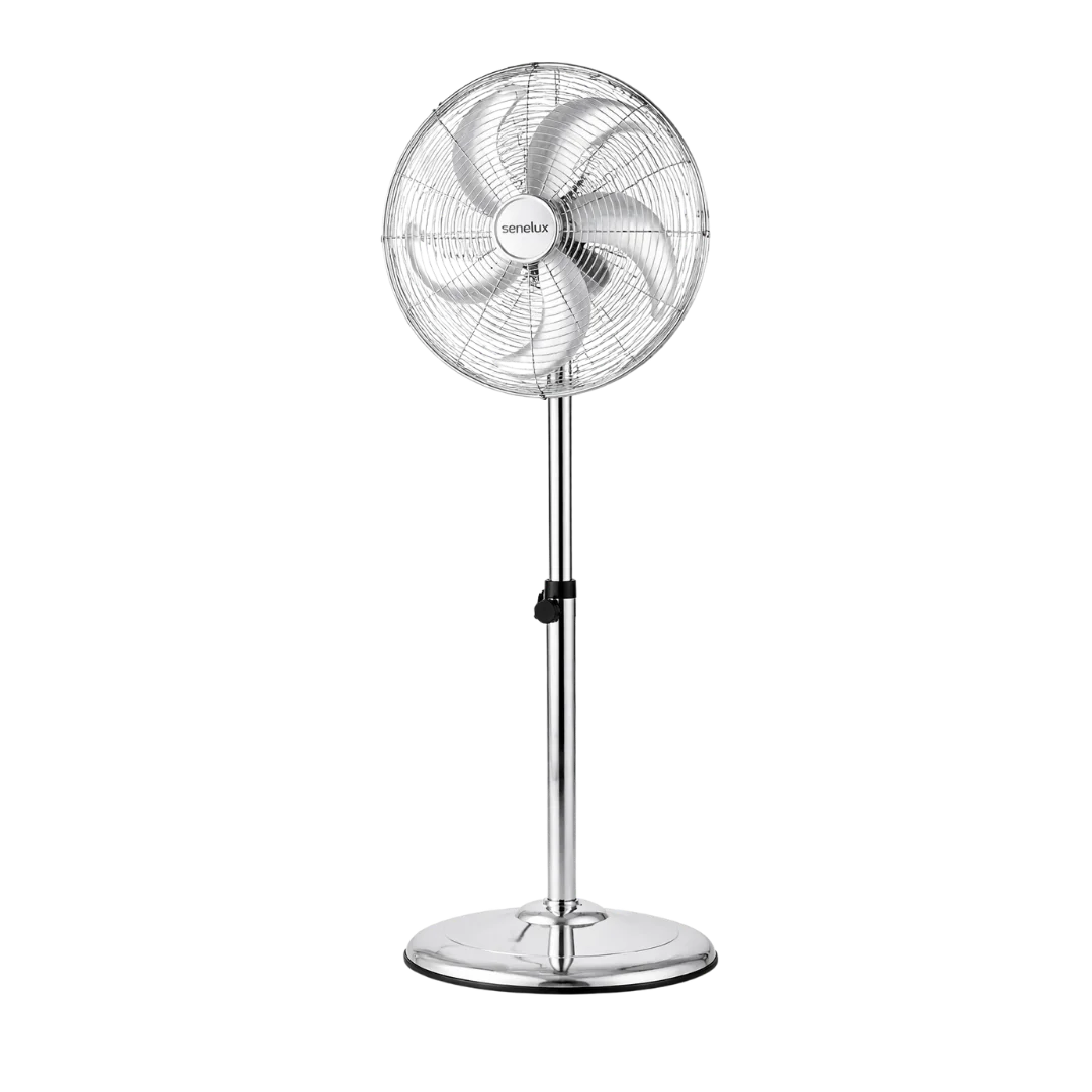 Senelux 16 Inch Metal Pedestal Floor Fan, Chrome Standing Fan with 5 Blades, Oscillating Function, 3 Speed Settings, Adjustable Height-0