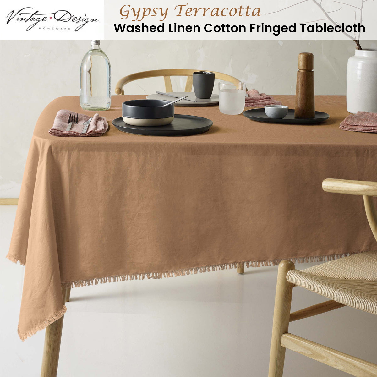 NNEDSZ Vintage Design Homewares Gypsy Terracotta Fringed Washed Linen Cotton Tablecloth 150cm x 275cm