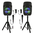PBX-808TWS Dual 8-Inch Portable Bluetooth PA Speaker System with Stands, Wired Mics, Remotes, USB/FM/TWS/LED