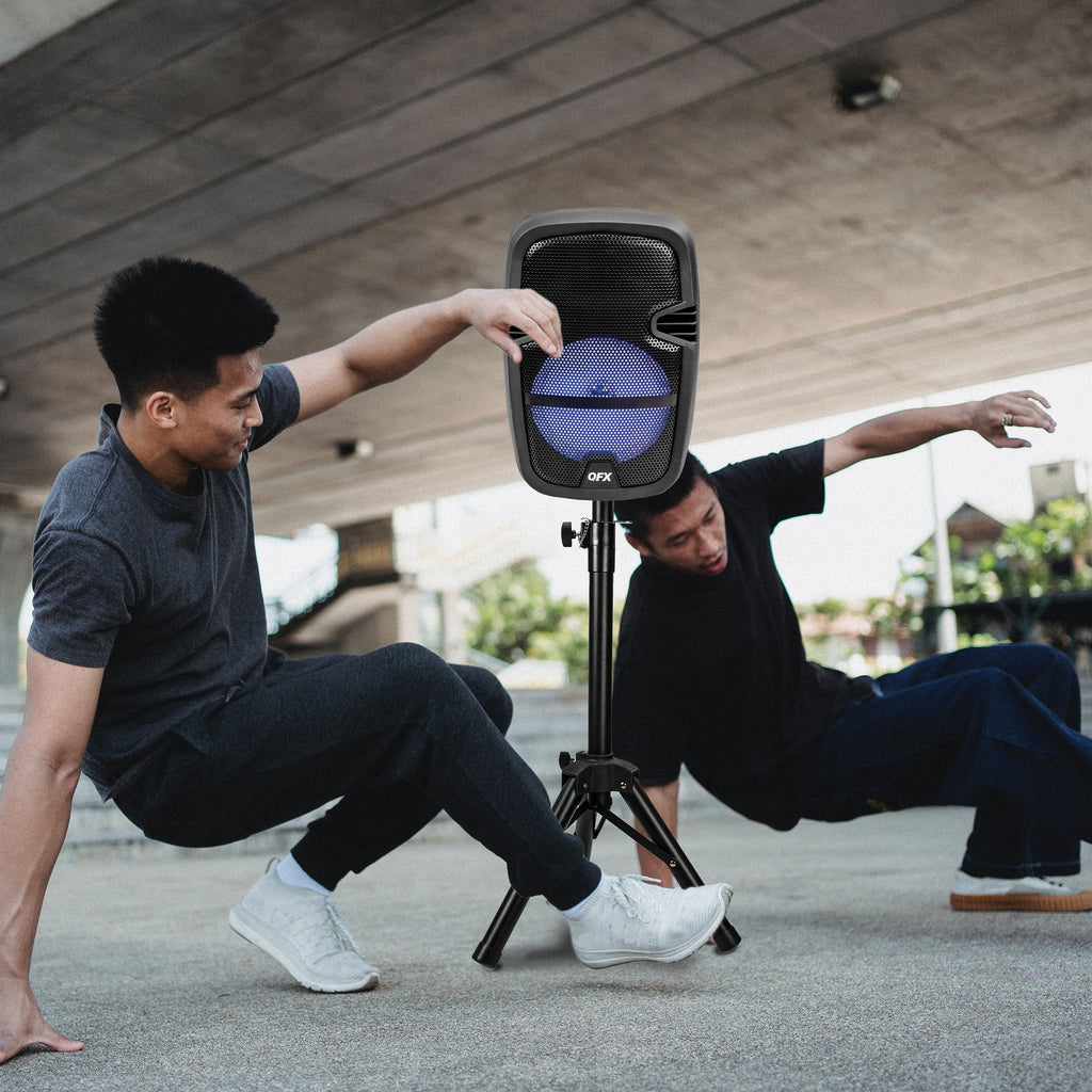 PBX-808TWS Dual 8-Inch Portable Bluetooth PA Speaker System with Stands, Wired Mics, Remotes, USB/FM/TWS/LED