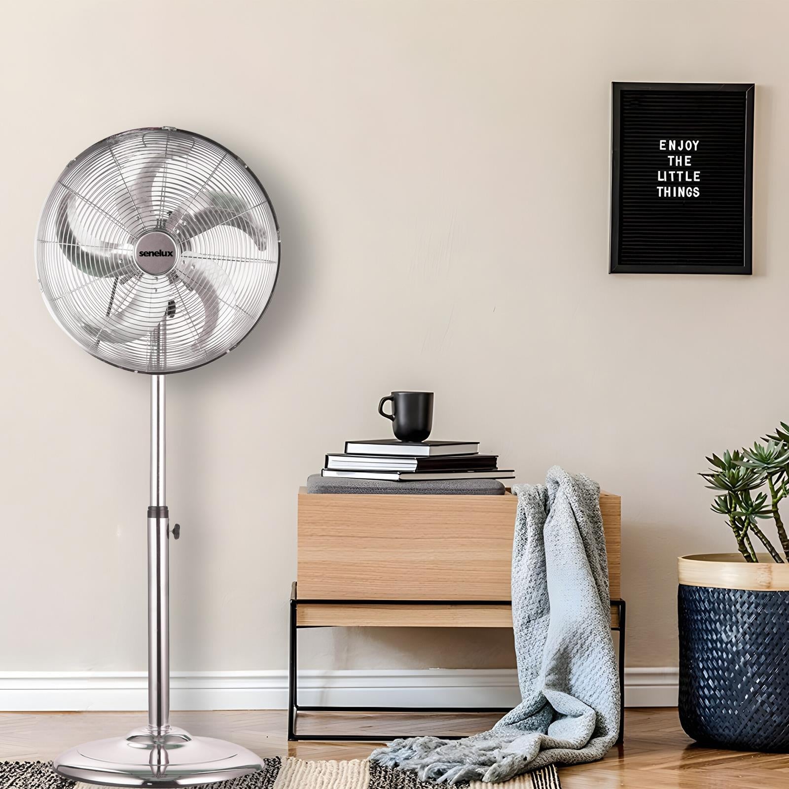 Senelux 16 Inch Metal Pedestal Floor Fan, Chrome Standing Fan with 5 Blades, Oscillating Function, 3 Speed Settings, Adjustable Height-1